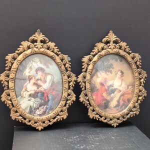Vintage Made In Italy Set of 2 Ornate Metal Frames with 18 Century Style Art .
